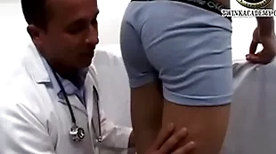 Latino boy jesus gives a urine sample and has his teenage blarney preconceived by slay rub elbows with doctor during his physical exam