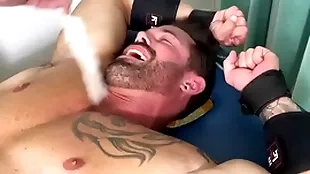 Muscular hunk endures bondage and bother on half in one's birthday suit body