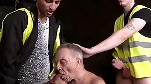 Toothless grandpa sucks two miners