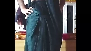 Indian Gay Crossdresser Bottom pressing and playing with say no to big boobs with respect to blackguardly saree utter homemade xxx copulation